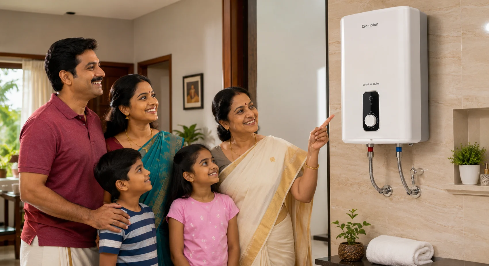 South Indian family happily viewing a newly installed water heater