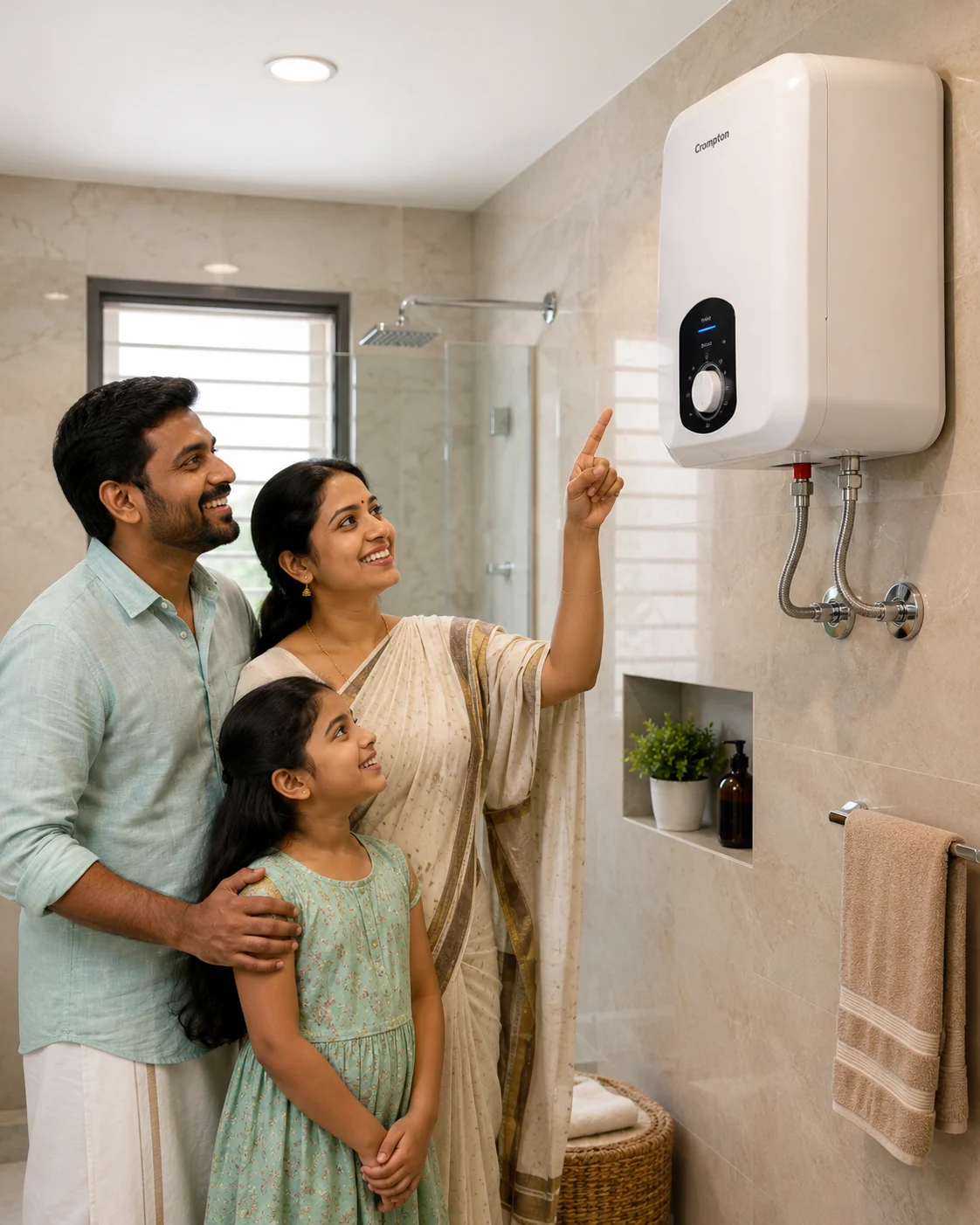 Happy Indian family checking a professionally installed modern water heater
