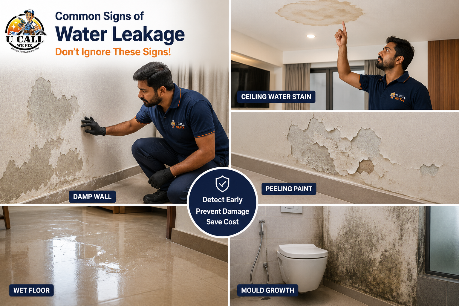 Common signs of water leakage including damp walls, ceiling stains, peeling paint, wet floors, and mould
